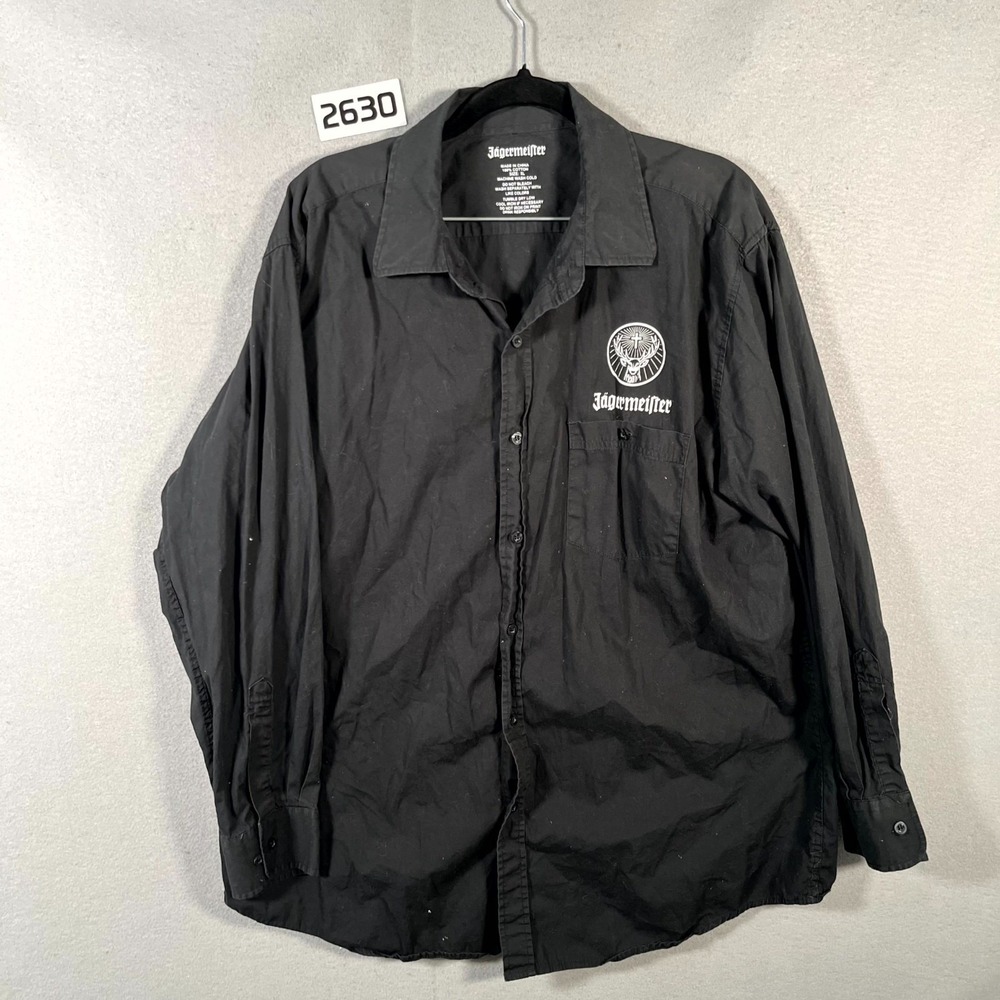 Jagermeifter Deer Cross Shirt Mens XL Black Cotton Spellout Patch Logo Button Up